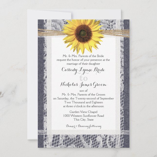 Denim and Lace Sunflower Wedding Invitation (Front)