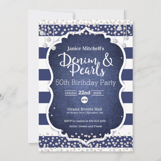 Denim and Pearls Birthday Invitation (Front)