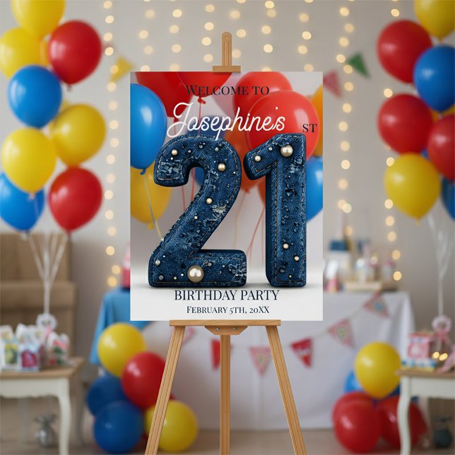 Denim and Pearls Chic 21st Birthday Welcome Foam Board (Creator Uploaded)