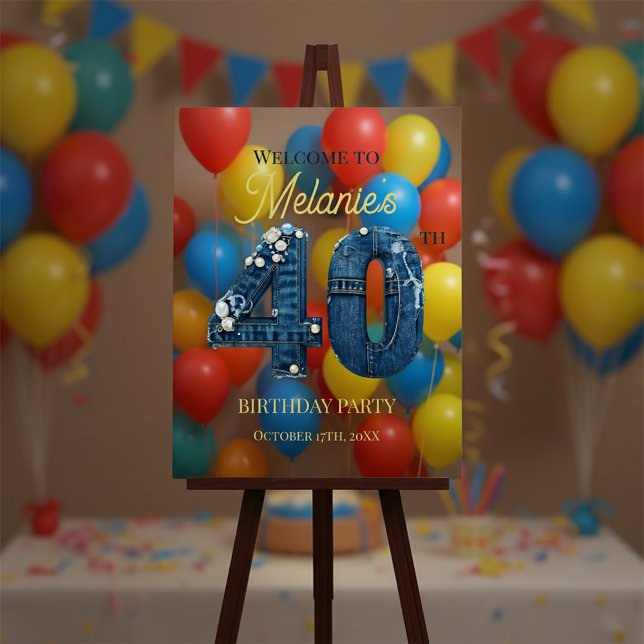 Denim and Pearls Chic 40th Birthday Party Welcome Foam Board (Creator Uploaded)