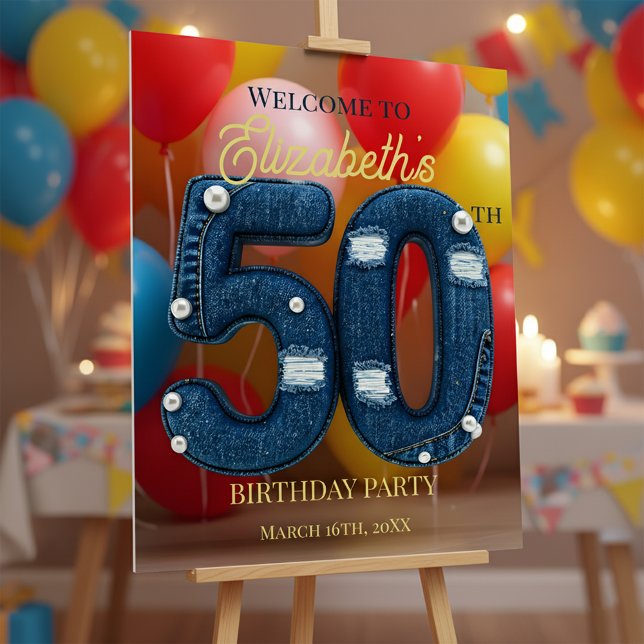 Denim and Pearls Chic 50th Birthday Party Welcome Foam Board (Creator Uploaded)