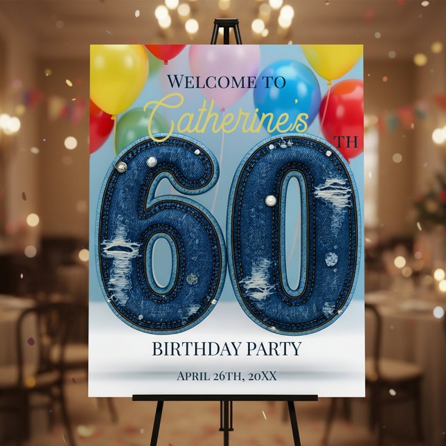 Denim and Pearls Chic 60th Birthday Party Welcome Foam Board (Creator Uploaded)