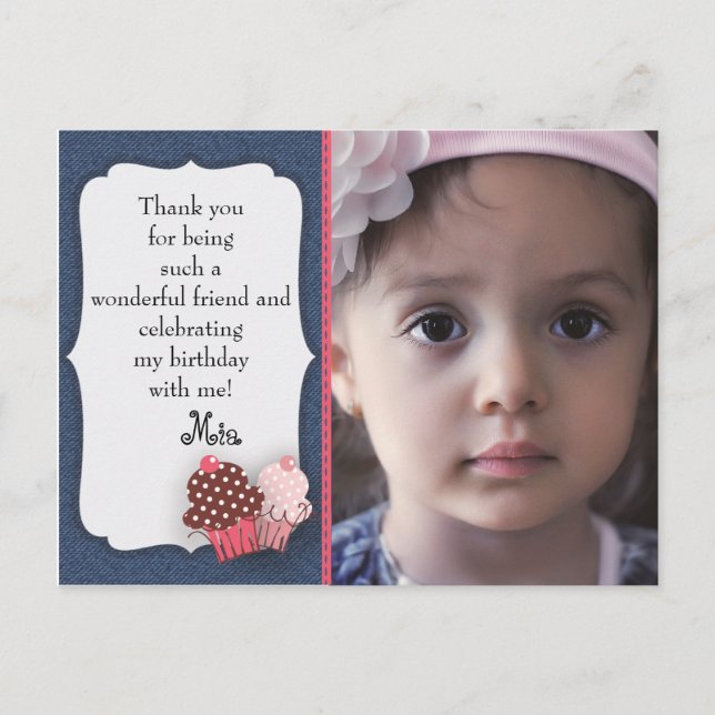 Denim and Pink Cupcakes Photo Birthday Thank You Postcard (Front)