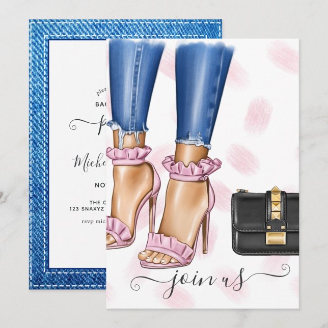Denim and Pink Floral Bachelorette Party Invitation (Front/Back)