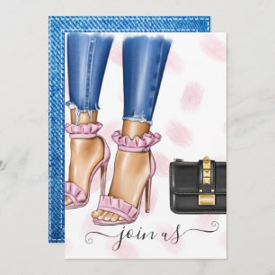 Denim and Pink Floral Bachelorette Party Invitation