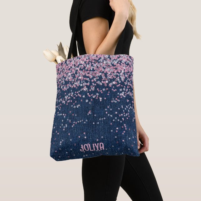  Denim and Pink Glitter Pattern Tote Bag (Close Up)