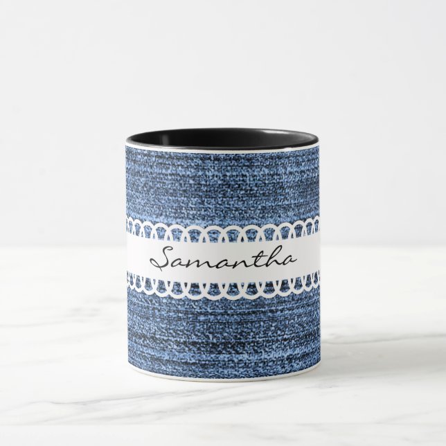 Denim and Ribbon Design Coffee Mug (Center)