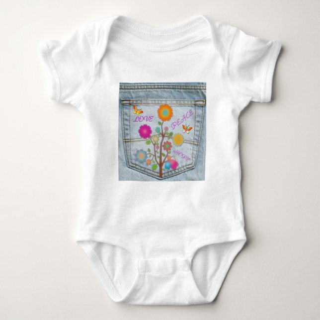 Denim Back Pocket Flowers Peace Love Hope Baby Bodysuit (Front)