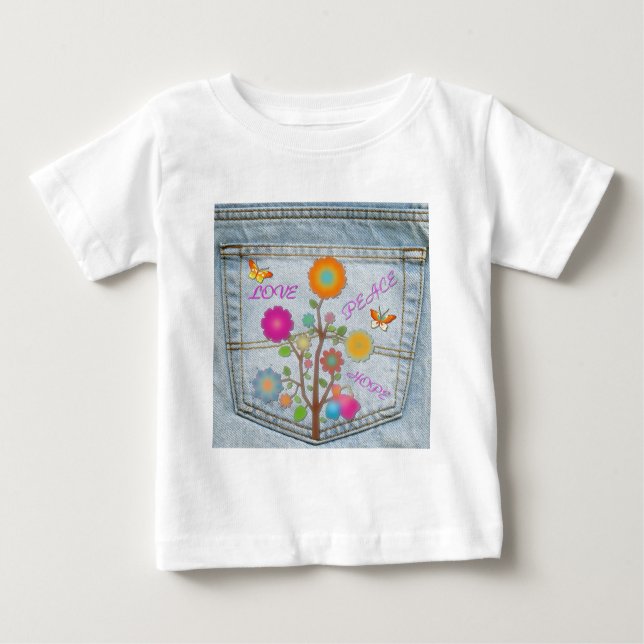 Denim Back Pocket Flowers Peace Love Hope Baby T-Shirt (Front)