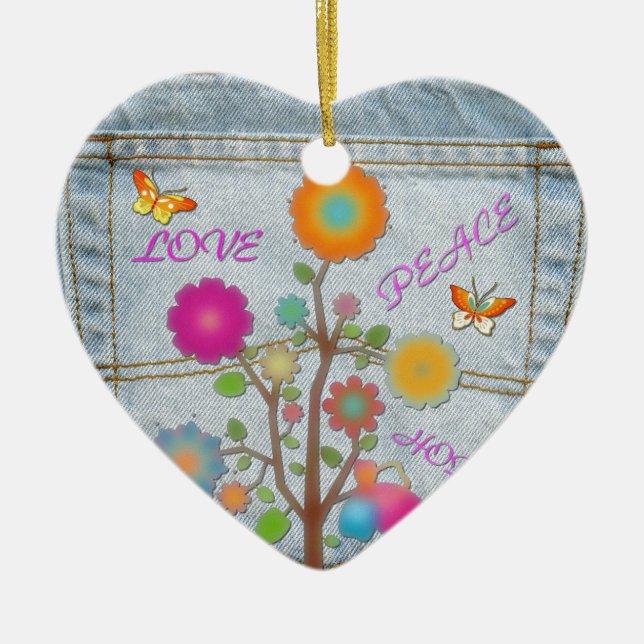 Denim Back Pocket Flowers Peace Love Hope Ceramic Ornament (Front)