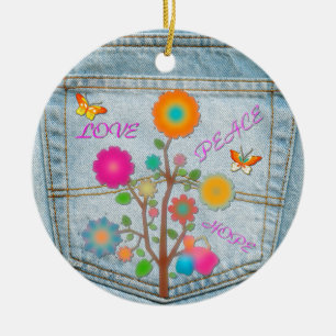 Denim Back Pocket Flowers Peace Love Hope Ceramic Ornament