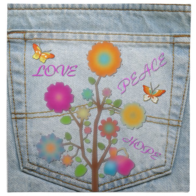 Denim Back Pocket Flowers Peace Love Hope Cloth Napkin (Front)