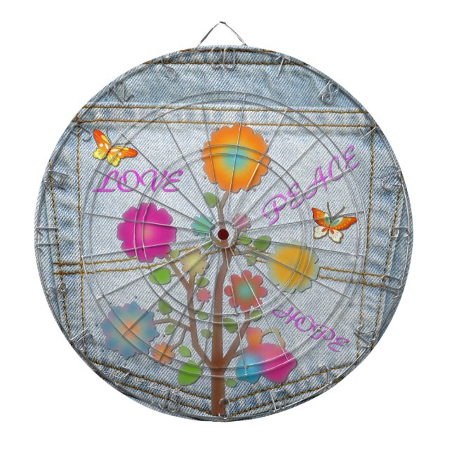 Denim Back Pocket Flowers Peace Love Hope Dart Board (Front)