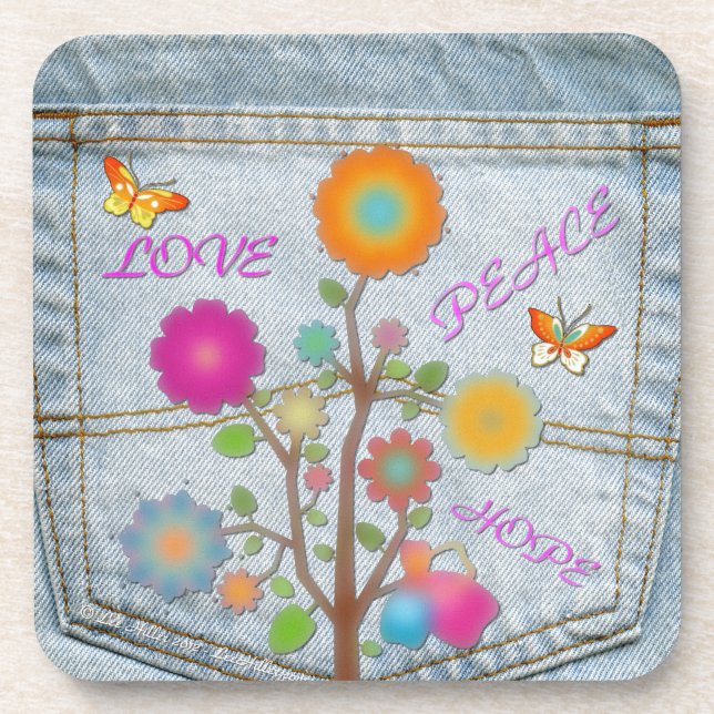 Denim Back Pocket Flowers Peace Love Hope Drink Coaster (Front)