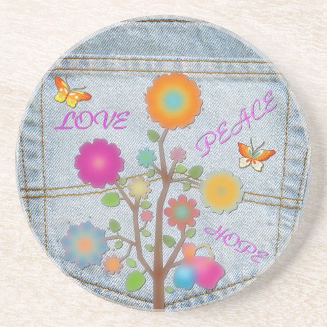 Denim Back Pocket Flowers Peace Love Hope Drink Coaster (Front)