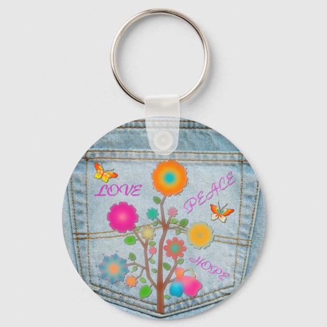 Denim Back Pocket Flowers Peace Love Hope Keychain (Front)