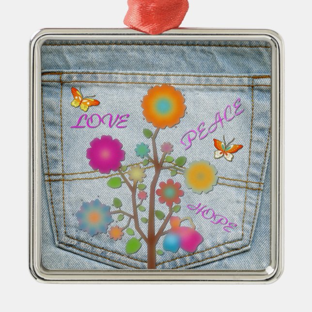 Denim Back Pocket Flowers Peace Love Hope Metal Ornament (Front)