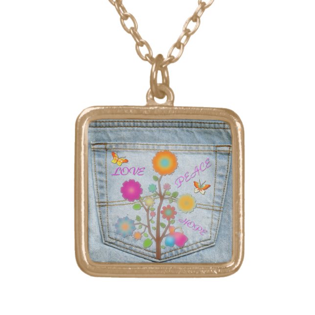 Denim Back Pocket Flowers Peace Love Hope Necklace (Front)