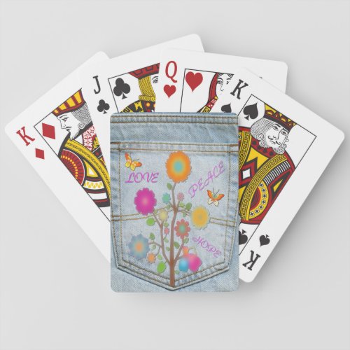 Denim Back Pocket Flowers Peace Love Hope Poker Cards