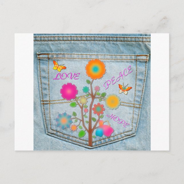 Denim Back Pocket Flowers Peace Love Hope Postcard (Front)