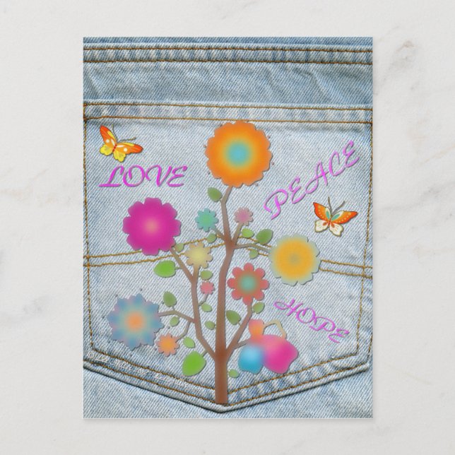 Denim Back Pocket Flowers Peace Love Hope Postcard (Front)