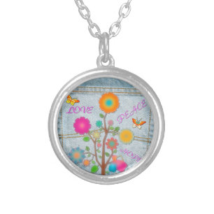 Denim Back Pocket Flowers Peace Love Hope Silver Plated Necklace
