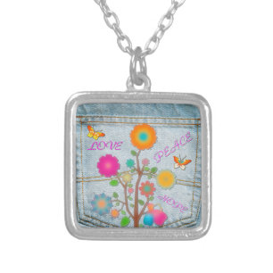 Denim Back Pocket Flowers Peace Love Hope Silver Plated Necklace