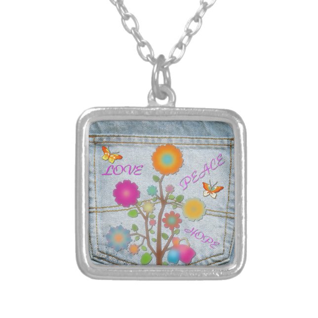 Denim Back Pocket Flowers Peace Love Hope Silver Plated Necklace (Front)