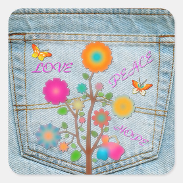 Denim Back Pocket Flowers Peace Love Hope Square Sticker (Front)