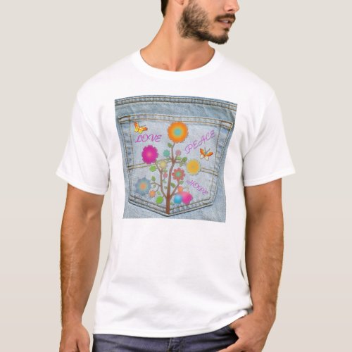 Denim Back Pocket Flowers Peace Love Hope T_shirt