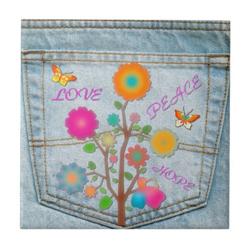 Denim Back Pocket Flowers Peace Love Hope Tile