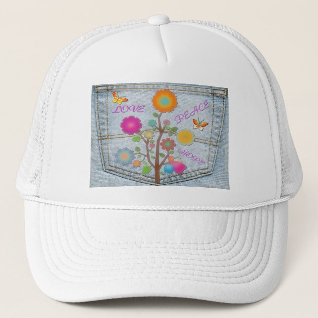 Denim Back Pocket Flowers Peace Love Hope Trucker Hat (Front)