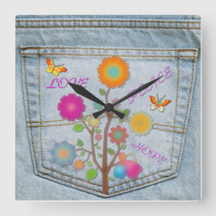 Denim Back Pocket Flowers Peace Love Square Clock