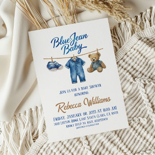 Denim Bear Clothesline Boy Blue Jean Baby Shower Invitation