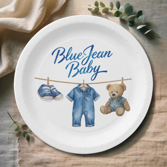 Denim Bear Clothesline Boy Blue Jean Baby Shower Paper Plates (Creator Uploaded)