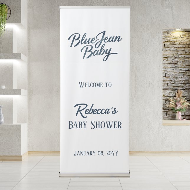 Denim Bear Clothesline Boy Blue Jean Baby Shower Retractable Banner (Creator Uploaded)