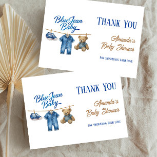 Denim Bear Clothesline Boy Blue Jean Baby Shower Thank You Card