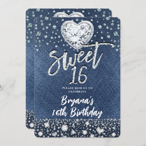 Denim  Bling Diamonds Sweet 16 Birthday Party Invitation