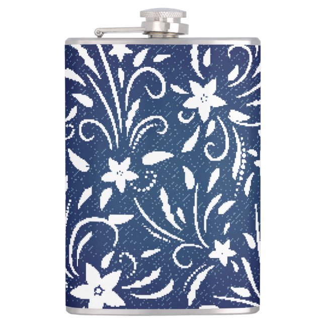 Denim Blooms: Floral Pattern Background Flask (Front)