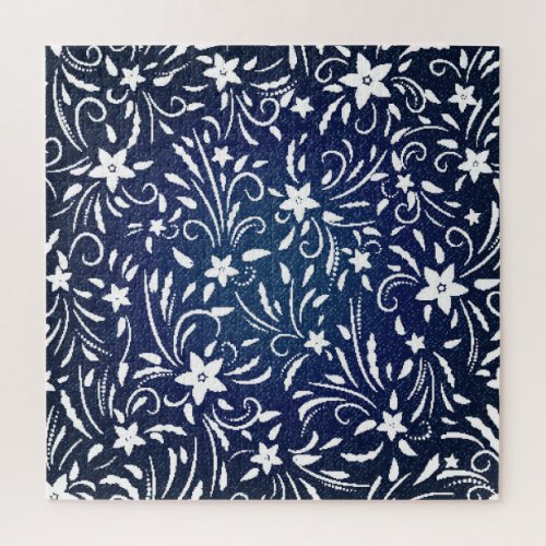 Denim Blooms Floral Pattern Background Jigsaw Puzzle