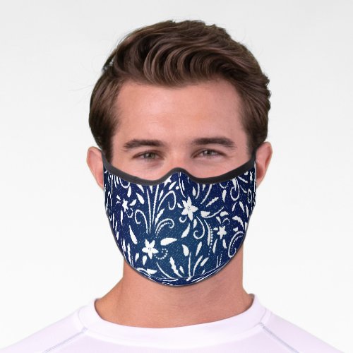 Denim Blooms Floral Pattern Background Premium Face Mask