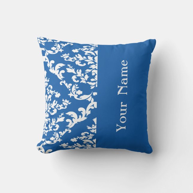 Denim Blue Bold Damask w/ name @ Emporiomoffa Throw Pillow (Front)