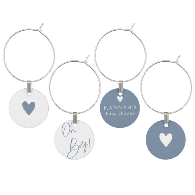 Denim Blue Boy Baby Shower Custom Wine Charm (Staggered)