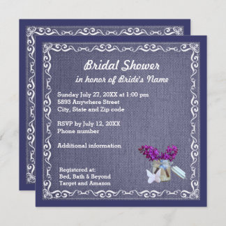 Denim Blue Burlap Purple Flower Jar Bridal Shower Invitation