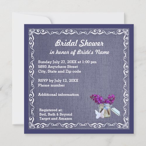 Denim Blue Burlap Purple Flower Jar Bride Shower Invitation