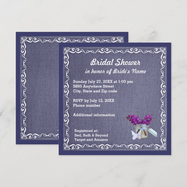 Denim Blue Burlap, Purple Flower, Jar Bride Shower Invitation (Front/Back)