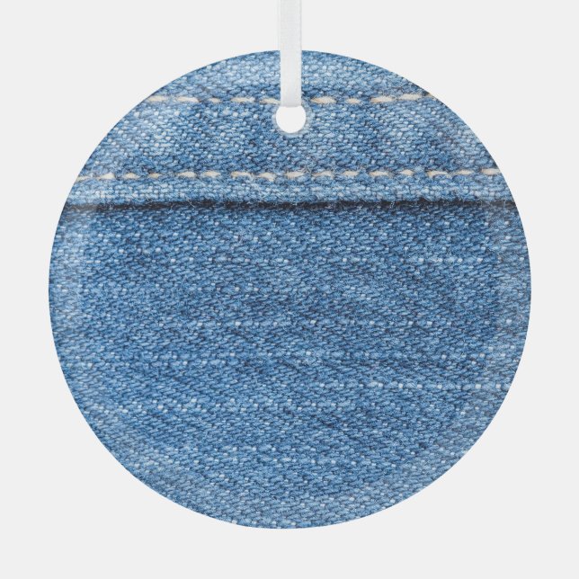 Denim Blue: Classic Jeans Texture. Glass Ornament (Front)