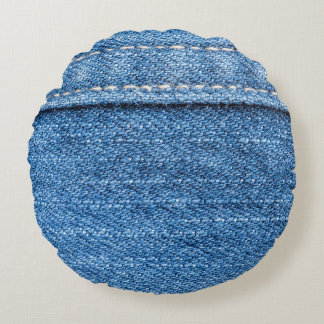 Denim Blue: Classic Jeans Texture. Round Pillow