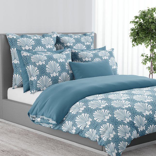 Denim Blue Coastal Seashell Dotted Pearls Beachy Duvet Cover (Creator Uploaded)
