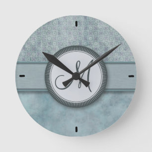 Denim Blue Coin Pattern with Monogram Round Clock